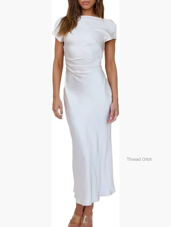 Satin Midi Dress with Cap Sleeves Ruched Waist Cowl Back Formal - Picture 1 of 7
